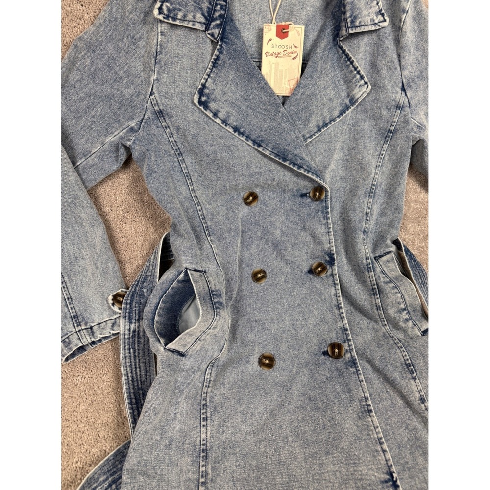 Stoosh Vintage Denim Double Breasted Trench Coat Med Wash Blue V14993 NWT M - Picture 6 of 8